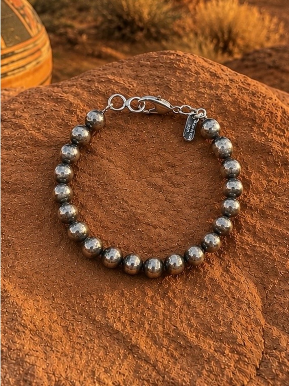 Southwest Native Style Silver 8mm Navajo Pearl Inspired Beaded Bracelet 7.25"